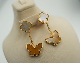 Mother of pearl & Tiger eye butterfly clover earrings 925 silver 18k gold plated