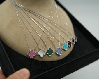 Gemstone 15mm one clover necklace 925 silver 18k white gold plated