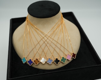 Gemstone 15mm one clover necklace 925 silver 18k gold plated