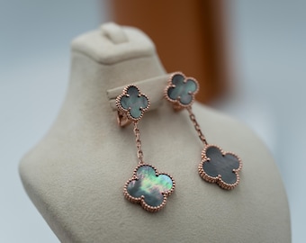 2 motif Gray Mother of pearl clover earrings 925 silver 18k rose gold plated
