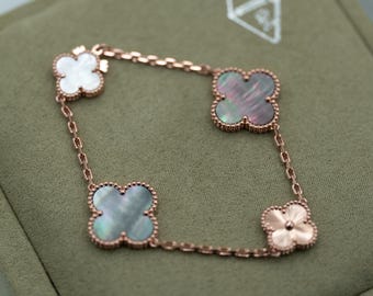 Wit en grijs parelmoer klaver armband 925 zilver 18k roségoud verguld