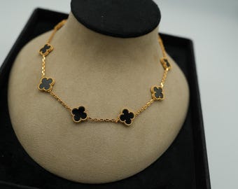 Onyx 10 Motiv Kleeblatt Halskette 925 Silber 18k vergoldet