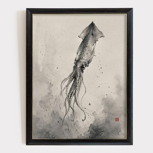 Solitary Squid Sumi-e Ink Wash Charcoal Gray Poster & Canvas PDE1E
