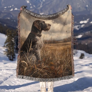 Vintage Wirehair Pointer Woven Blanket | Rustic Hunting Dog Oil Painting Art | Farmhouse Cabin Decor Gift W7VE9M