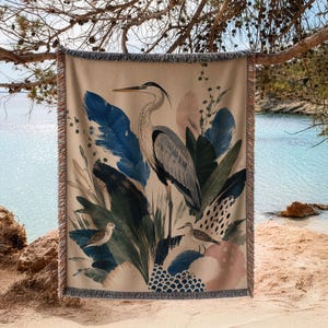 Stylized Heron Botanical Blue Green Coastal | Woven Throw Blanket F7MER