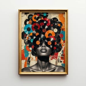 May include: Framed art print showing a person with vinyl records styled as hair and sunglasses. The background is a collage of colourful abstract shapes and textures. The print is in a gold frame.