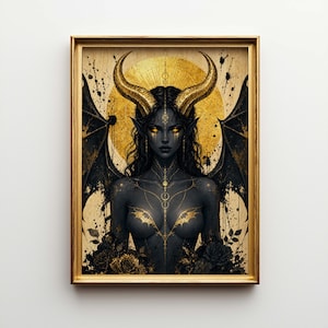 May include: Framed artwork featuring a dark-skinned figure with golden horns, eyes, and accents. The figure has black wings and is set against a golden sun-like background. Black roses adorn the bottom of the artwork, and the frame is gold.