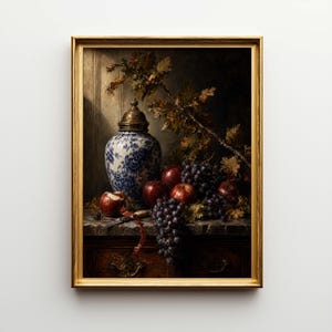 Moody Fruit Still Life Poster & Canvas | Dark Academia Art | Vintage Kitchen Decor | Chiaroscuro Painting 1YXWFS