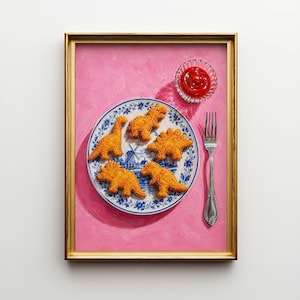 Dino Nuggets Oil Painting Poster & Canvas | Funny Kitchen Wall Art | Kitsch Pop Art Print | Dopamine Decor Gift F7N78U