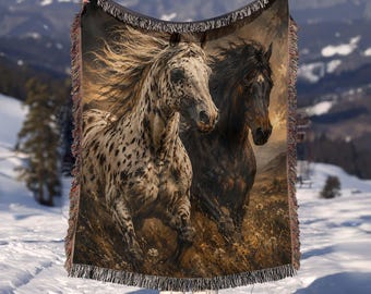 Running Horses Woven Blanket, Digital Oil Horse Wall Art, Farmhouse Decor Gift JBE9M1