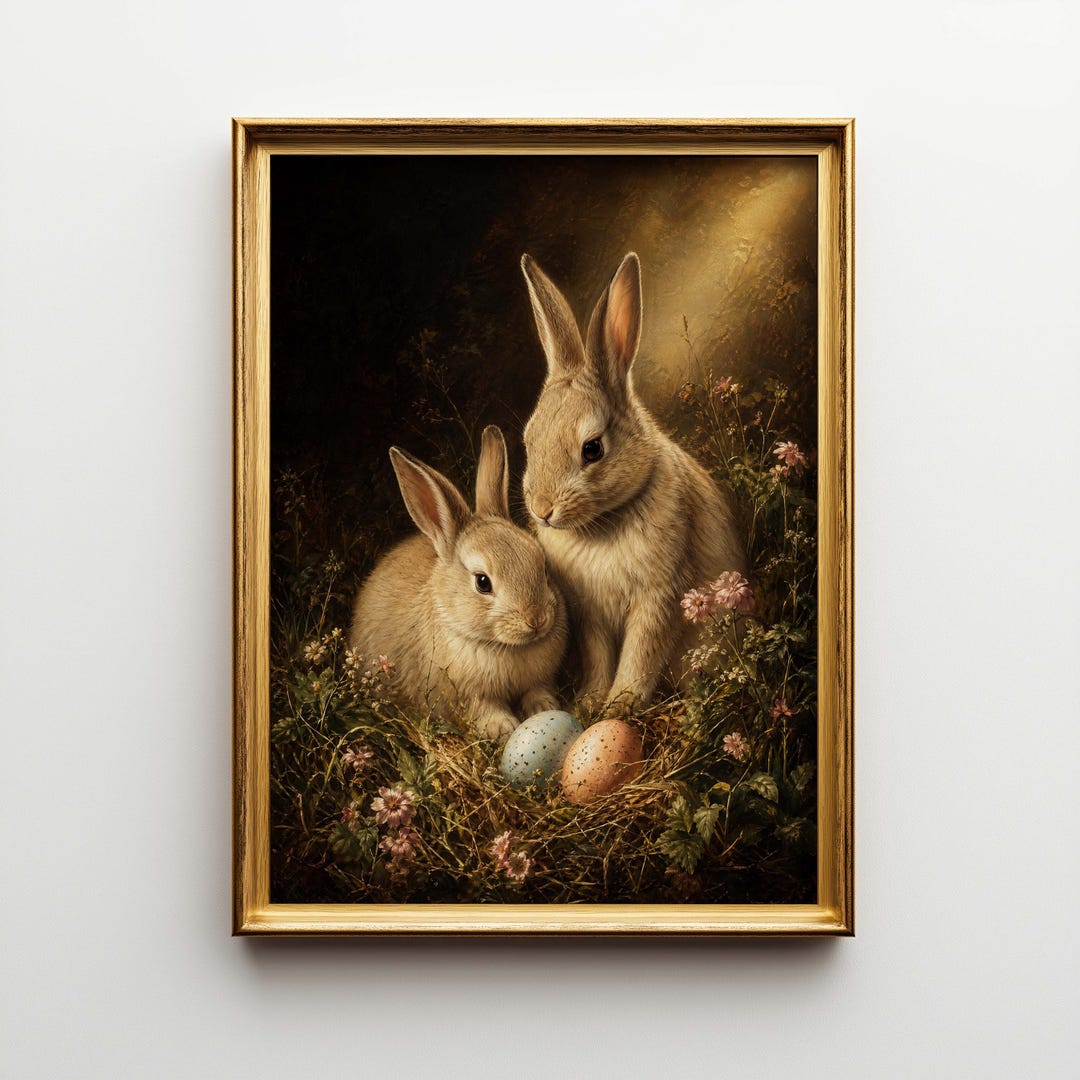 Vintage Easter Rabbit Print | Rustic Oil Painting Poster & Canvas ...