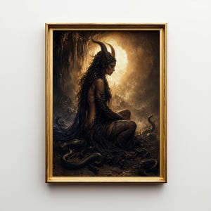 Op de afbeelding: Een ingelijst kunstwerk toont een zittende figuur met hoorns en lang donker haar, omringd door slangen. De figuur draagt een donker, vloeiend gewaad. De achtergrond heeft een warm, goudkleurig licht.