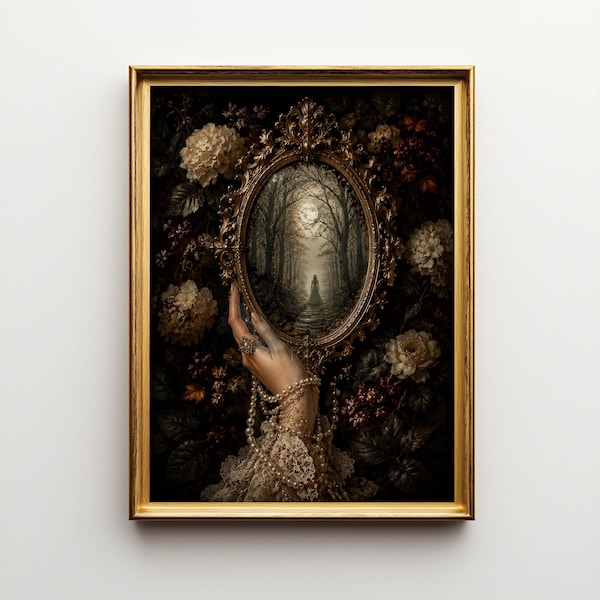 Victorian Hand Mirror Poster & Canvas | Gothic Baroque Wall Art | Dark Academia Bedroom Decor 58F0WF