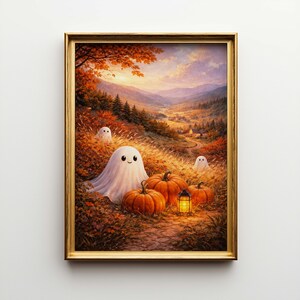 May include: A framed painting of a Halloween scene in an autumnal landscape. Smiling white ghosts are with orange pumpkins and a glowing lantern. The background shows a valley with trees and a winding road.