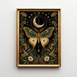 May include: A framed art print featuring a moth with green and cream-colored wings, set against a black background. The artwork includes a crescent moon, stars, and floral elements in shades of gold, green, and cream. The frame is gold.