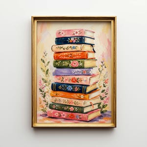 May include: A framed painting of a stack of colorful books. The books are adorned with floral designs in pink, blue, orange, and green. The artwork has a gold frame and is set against a soft, pastel background with floral accents.