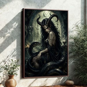 Inramad canvastavla med mörk fantasi, Lilith | Gotisk ormväggkonst | Ockult sovrumsdekoration 8P5OJY