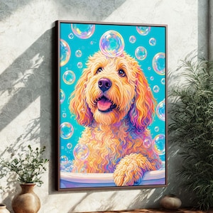Popart bad Goldendoodle | Grappige hond ingelijste canvasafdruk | Badkamerdecoratie voor kinderen | Kleurrijke muurkunst YWEGAK