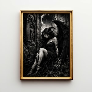 Lilith Fallen Angel Poster & Canvas | Gotisk fantasi väggkonst | Häxig sovrumsdekor GE75OT