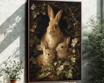 May include: A framed canvas print depicting a family of rabbits surrounded by greenery and white flowers. The artwork has a vintage style with soft lighting and a warm colour palette of browns and greens. The rabbits are the central focus.