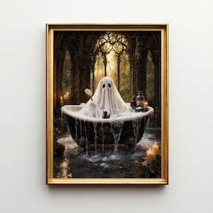May include: A framed artwork depicts a ghost in a bathtub, surrounded by candles and a rubber duck. The ghost is draped in a white sheet with black eye holes. The background shows a gothic archway and lush greenery, creating a spooky yet serene scene.