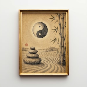 May include: Framed artwork featuring a Yin Yang symbol, stacked stones, bamboo, and a serene landscape. The artwork is in sepia tones with a gold frame. The image evokes a sense of balance and tranquility, suitable for meditation or home decor.