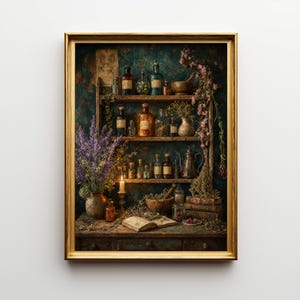 Op de afbeelding: Een ingelijste print van een vintage apothekersscène. Houten planken tonen diverse glazen flessen, potten en vazen gevuld met kruiden en drankjes. Een brandende kaars, een open boek en bloemstukken dragen bij aan de mystieke sfeer. De lijst is goudkleurig.