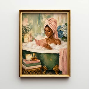 May include: A framed art print depicts a woman in a bathtub, reading a book. The woman is surrounded by bubbles and wearing a pink towel on her head. The artwork features a green bathtub, candles, and a stack of books with the text "SMELL LIFE", "ENJOY THE LITTLE THINGS", and "MIND BODY SOUL".