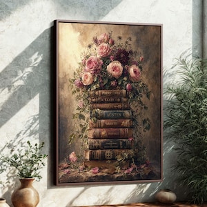 Może przedstawiać: Oprawiony wydruk artystyczny przedstawiający stos starych książek ozdobionych różowymi różami i zielenią. Widoczne tytuły "Poems", "Keats", "Austen", "Bronte" i "Odyssey". Grafika ma styl vintage i romantyczny.