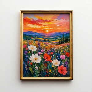 Può includere: Dipinto di paesaggio incorniciato raffigurante un tramonto su colline e un campo di fiori selvatici. Il cielo è arancione e rosso, mentre il primo piano presenta fiori bianchi, rossi e viola. Il dipinto è in una cornice dorata.