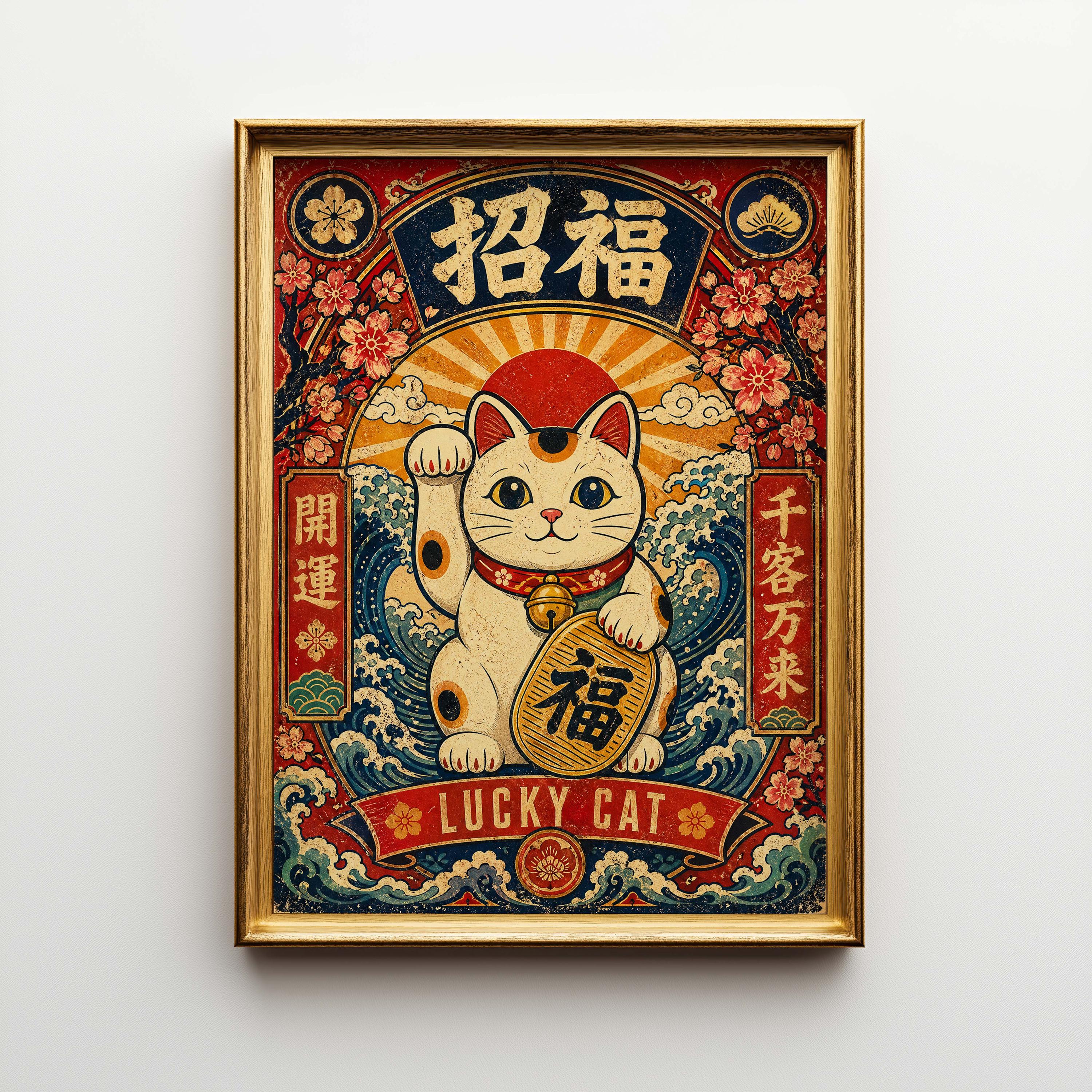 Vintage Maneki Neko Poster & Canvas | Retro Japanese Lucky Cat