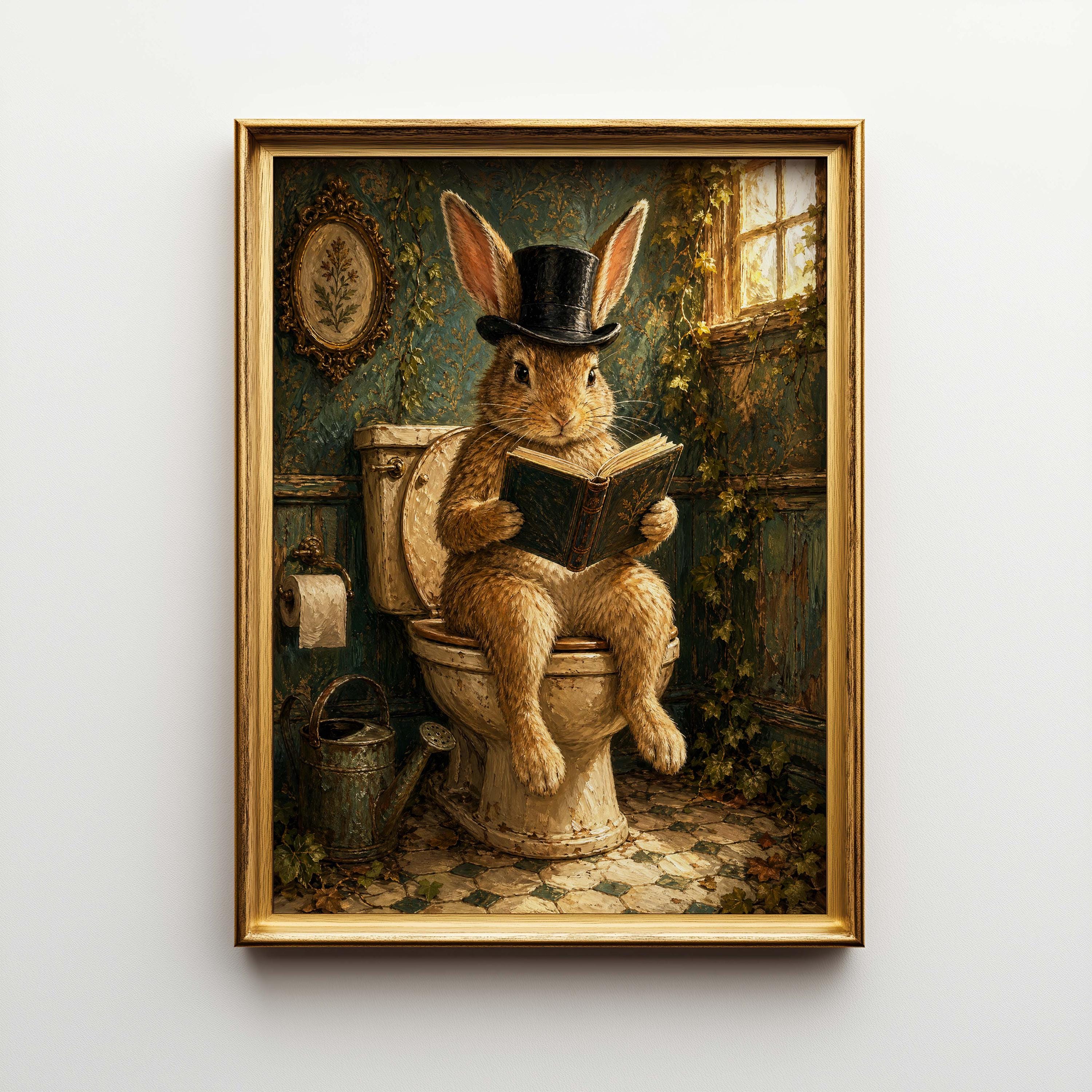 Toilet Simon Rabbit Funny Rabbit on Toilet Poster & Canvas | Vintage Impasto Bathroom Decor ...