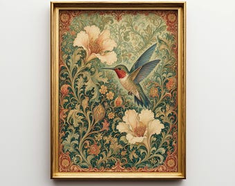 William Morris Bird Poster & Canvas | Vintage Botanical Hummingbird | Art Nouveau Wall Art PBWA3H