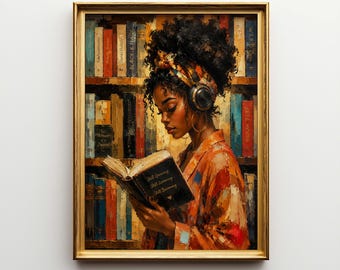 May include: A framed art print of a woman reading a book in front of a bookshelf. She wears headphones and a patterned headscarf. The book's cover reads "Still Growing, Still Learning, Still Becoming."