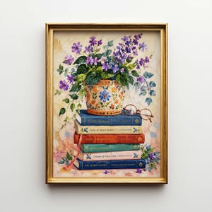 Puede incluir: Pintura enmarcada que representa una composición de libros y flores. Los libros se titulan "Little Women", "Anne of Green Gables", "Pride and Prejudice", "Persuasion", "A Room of One's Own" y "The Secret Garden". Un jarrón naranja con motivos florales azules está sobre los libros.