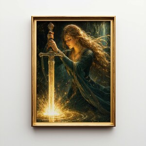 May include: A framed artwork depicts a woman in a flowing teal gown holding a glowing sword. The sword emanates light, illuminating the scene with golden hues. The woman has long, flowing auburn hair and a serene expression. The frame is gold.