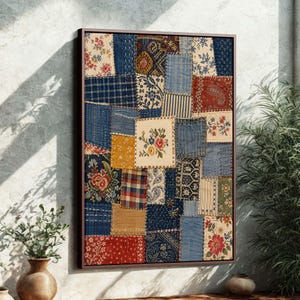 May include: A framed patchwork quilt with a variety of fabric patterns and colors. The quilt features squares of floral, paisley, and striped designs in shades of blue, red, yellow, and cream. The frame is a dark brown color.