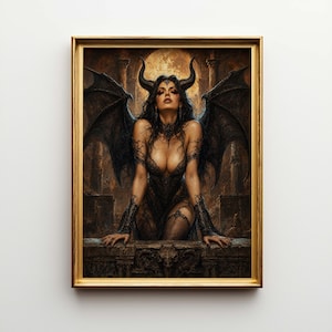 May include: A framed artwork featuring a dark fantasy scene. The image depicts a woman with horns and wings, wearing a black, intricate outfit. The background shows a moonlit, gothic setting with architectural elements. The frame is gold.