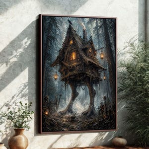 May include: A framed print of a whimsical, dark fantasy house on tree-like legs, set in a dense forest. The house has a steeply pitched roof, glowing windows, and hanging lanterns. A crow sits atop the chimney, adding to the eerie atmosphere.