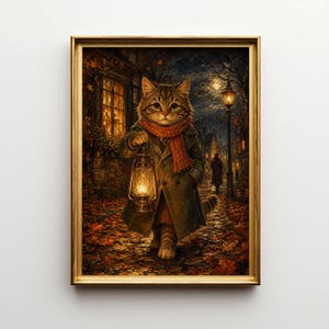 Può includere: Una stampa artistica incorniciata raffigura un gatto con cappotto e sciarpa, che tiene una lanterna in una strada acciottolata. Il gatto è il punto focale, sullo sfondo di foglie autunnali ed edifici con finestre illuminate. L'opera d'arte ha una calda tavolozza di colori.