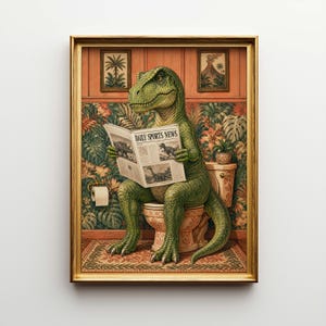 Funny Dinosaur Toilet Poster & Canvas | Retro Bathroom Decor | Vintage Wall Art Print | Humor Animal Gift HJ6QWD