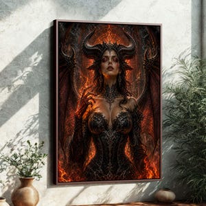 Inramad canvasduk med Lilith, demondrottning | Väggkonst med mörk gotisk fantasi | Ockult dekoration | Gåva för spelrum FEJ3QR