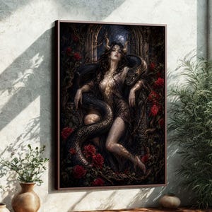 Inramad canvasduk med gudinnan Lilith | Gotisk mörk fantasikonst | Ockult hednisk väggdekoration | Sovrumspresent IL6SAP