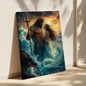 May include: A framed print of a mythological scene. A muscular figure with a trident stands in the ocean with a woman in a flowing gown. The artwork is set against a backdrop of waves and a sunset, framed in a gold-coloured frame.