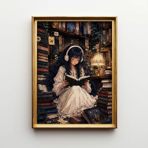 May include: A framed print shows a person with dark hair wearing headphones, reading a book in a library setting. The image is surrounded by stacks of books, a lamp, and musical notes. The frame is gold-coloured.