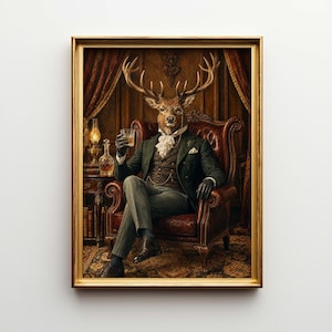 May include: A framed artwork shows a deer in a suit, seated in a leather armchair, holding a glass of whiskey. The artwork has a vintage aesthetic, with a gold frame and a detailed interior background. The image is reminiscent of a gentleman's club.