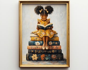 Black Girl Reading on Books Poster Canvas | Whimsical Impasto Art | Nursery Wall Decor | Book Lover Print MTPSM9