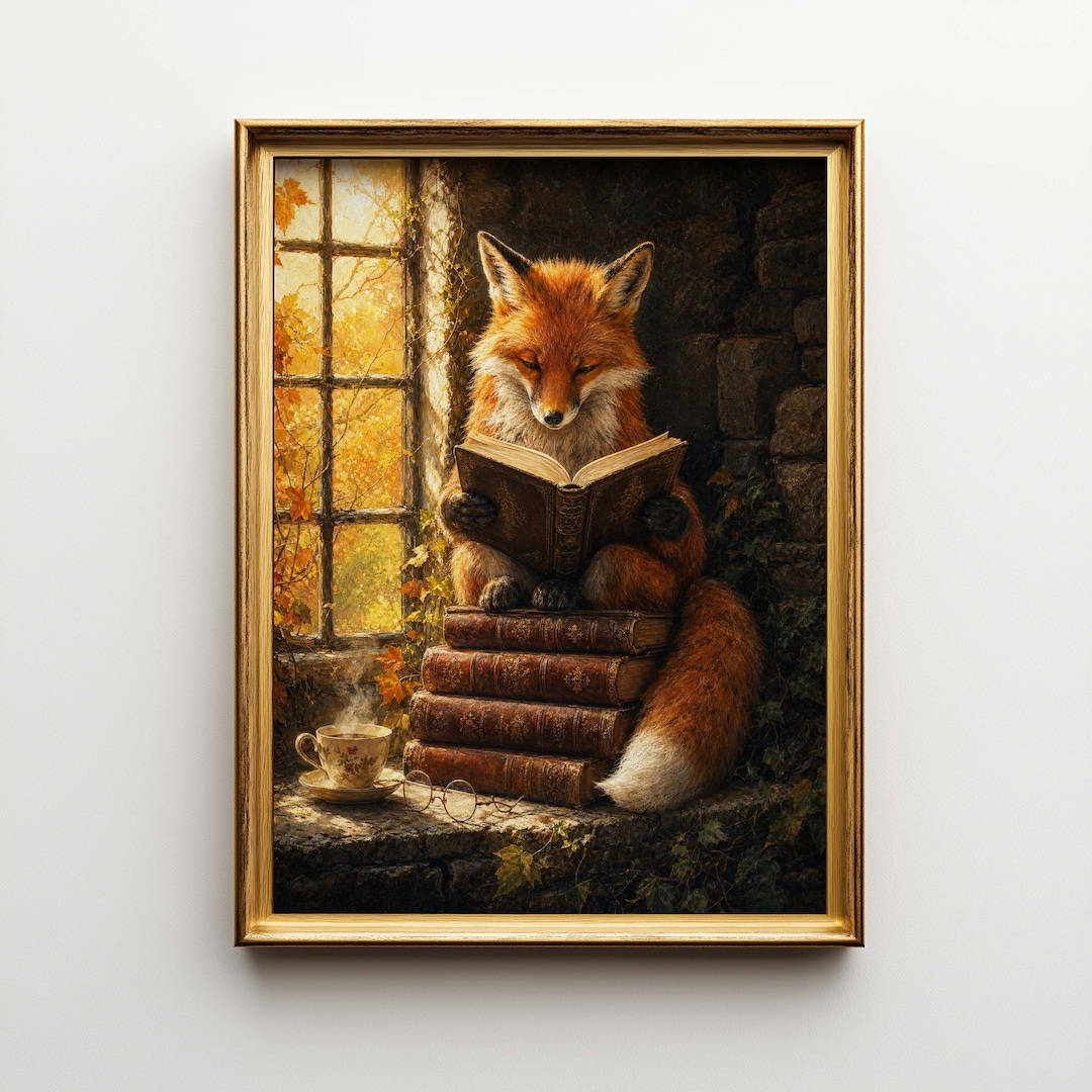 Fox Reading Books Dark Academia Poster & Canvas | Cottagecore Wall Art ...