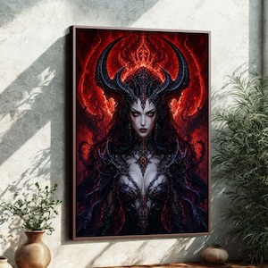 Op de afbeelding: Een ingelijst kunstwerk met een dark fantasy portret van een vrouw met lang zwart haar, grote hoorns en een gedetailleerde zwarte en paarse jurk. De achtergrond is vuurrood, wat een dramatisch contrast creëert. Het kunstwerk wordt aan een muur getoond.