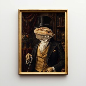 May include: A framed portrait of a bearded dragon in formal attire, including a black top hat, coat, and gold vest. The lizard is holding a cane and is set against a backdrop of a library and red curtains. The artwork has a vintage, regal aesthetic.
